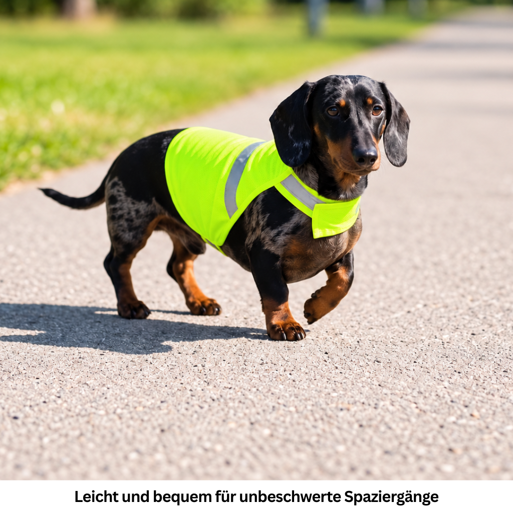 Dackel mit reflektierender Hundeweste in Neongelb beim Spaziergang