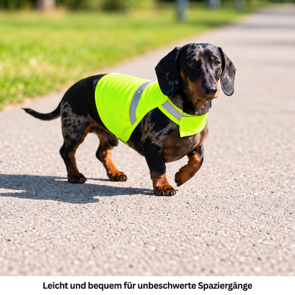 Dackel mit reflektierender Hundeweste in Neongelb beim Spaziergang