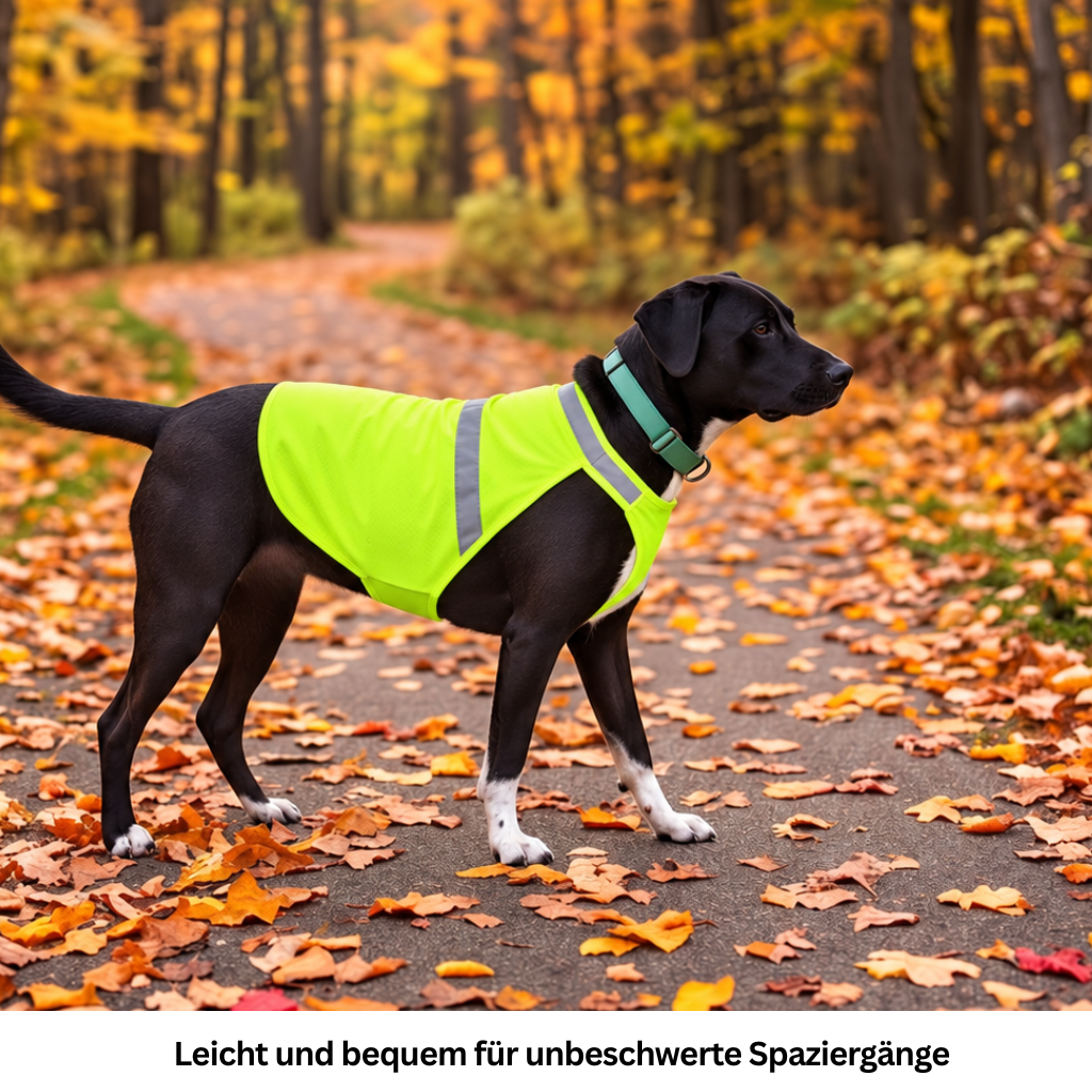Grosser schwarzer Hund mit neongelber Sicherheitsweste auf einem Waldweg