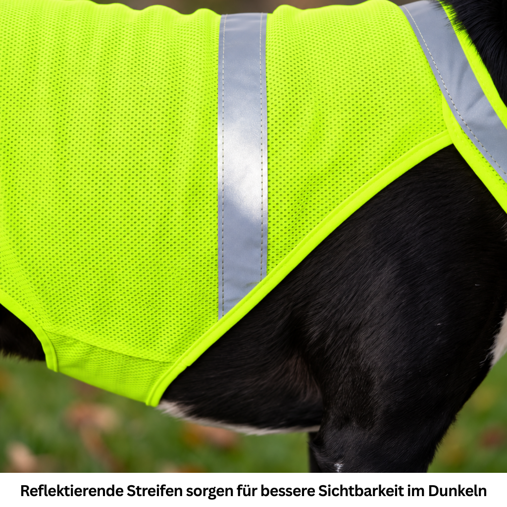 Nahaufnahme der atmungsaktiven Hundeweste mit silbernem Reflektorstreifen