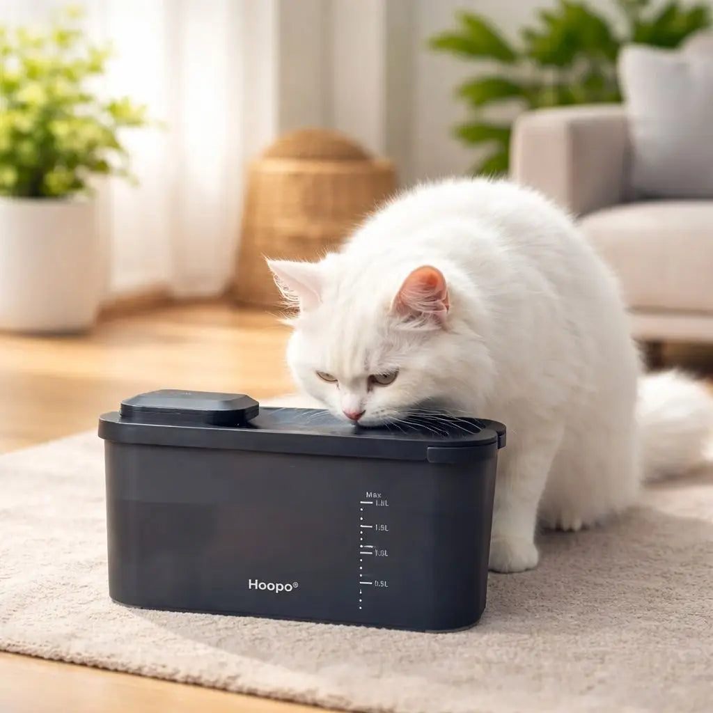 Weisse Katze trinkt aus schwarzem automatischem Trinkbrunnen im Wohnzimmer
