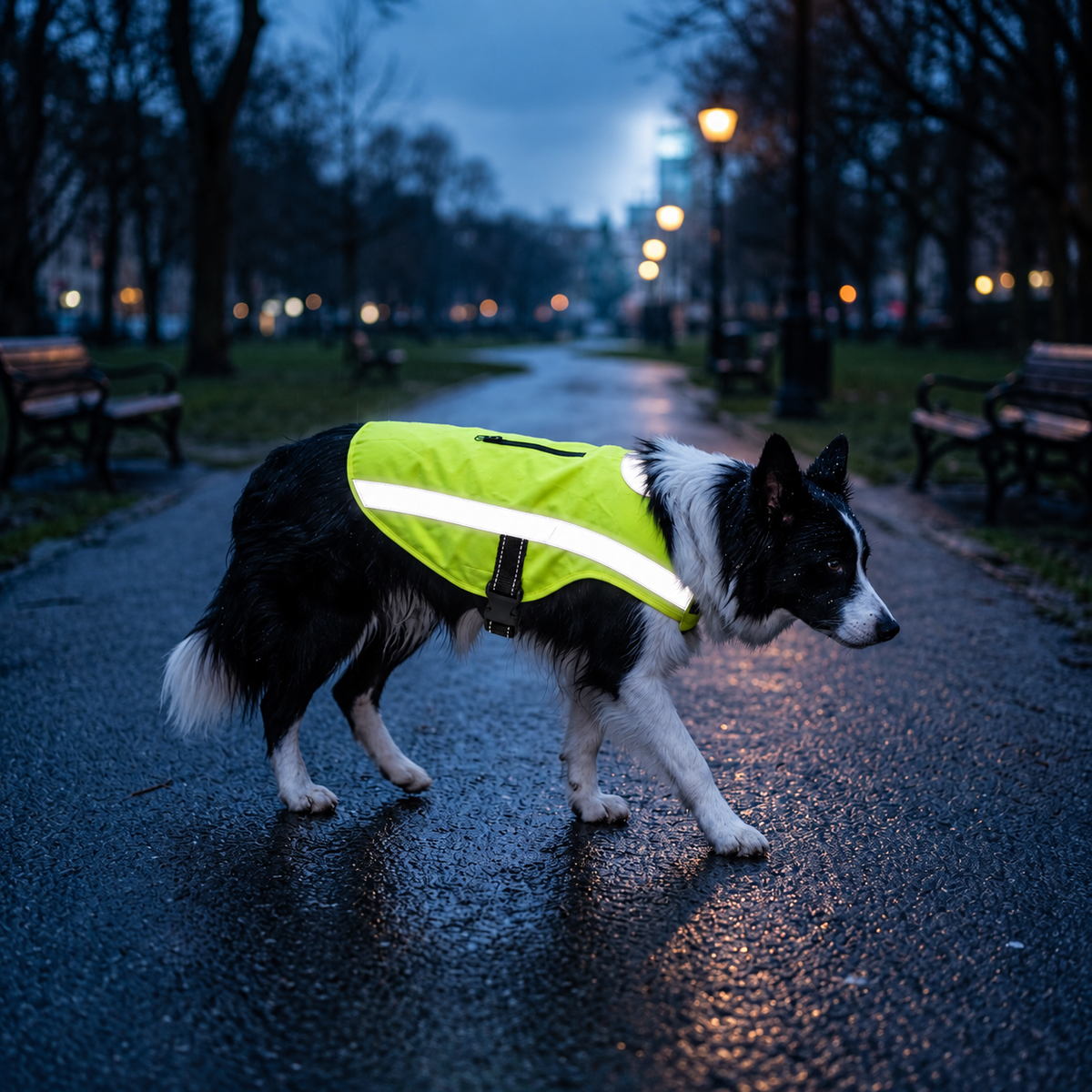 Border Collie mit reflektierender Sicherheitsweste bei Dämmerung und nasser Fahrbahn
