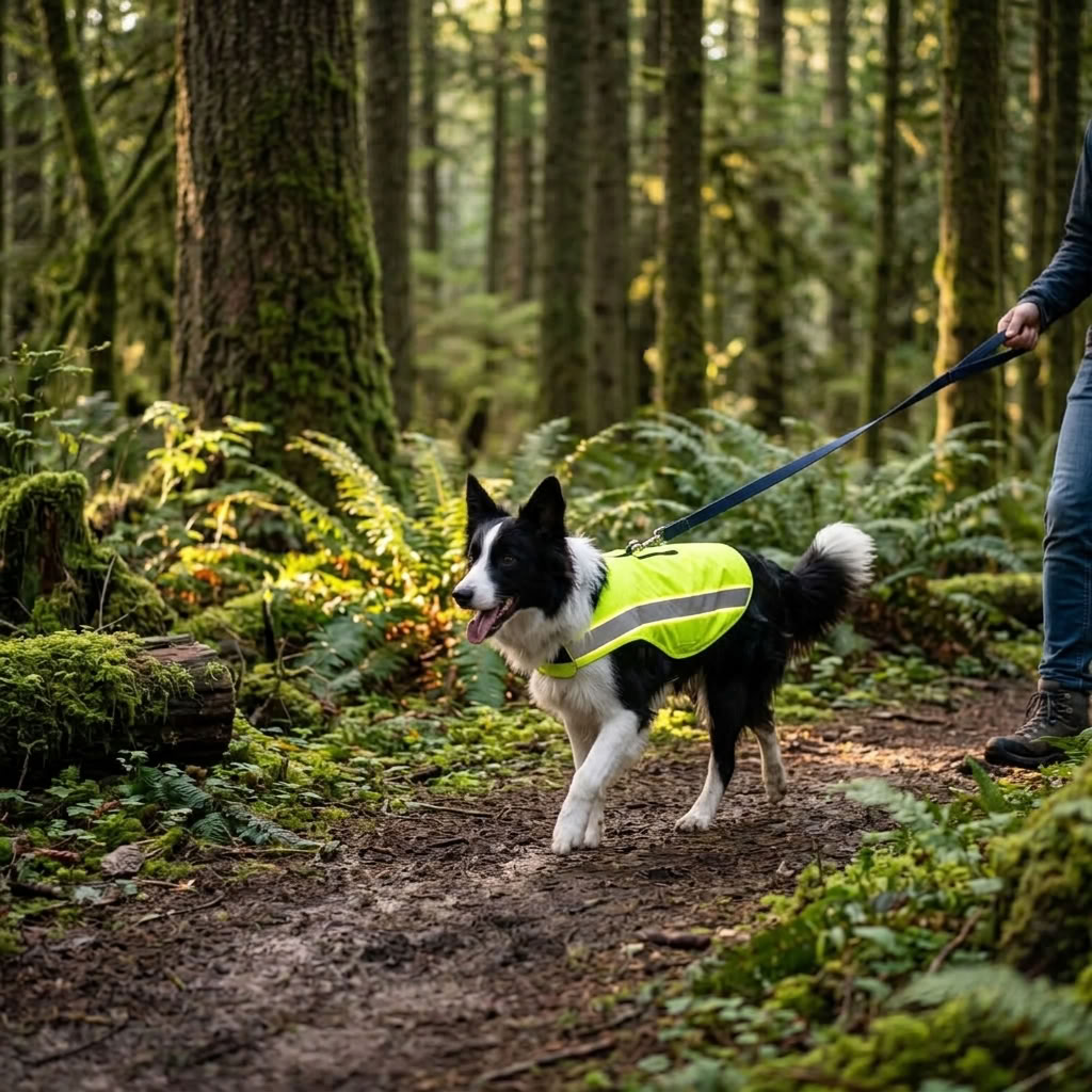 Border Collie mit neongelber Sicherheitsweste bei einem Spaziergang im Wald