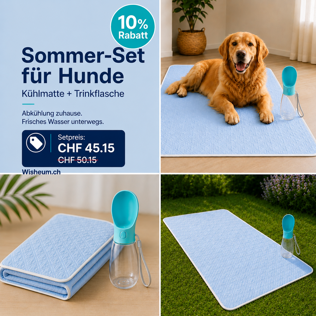 Sommer-Set für Hunde mit türkiser Trinkflasche und kühlender Hundematte