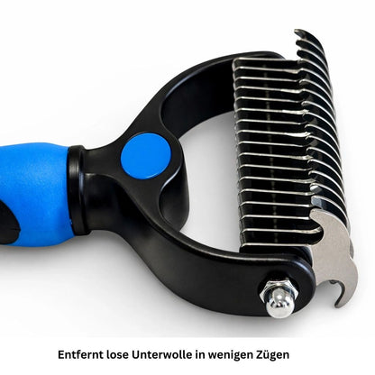 Blaue Tierhaarbuerste mit ergonomischem Griff fuer Hunde und Katzen