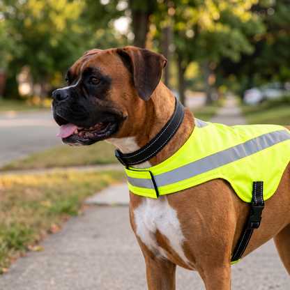 Boxer mit neongelber Trixie Sicherheitsweste in Grösse L