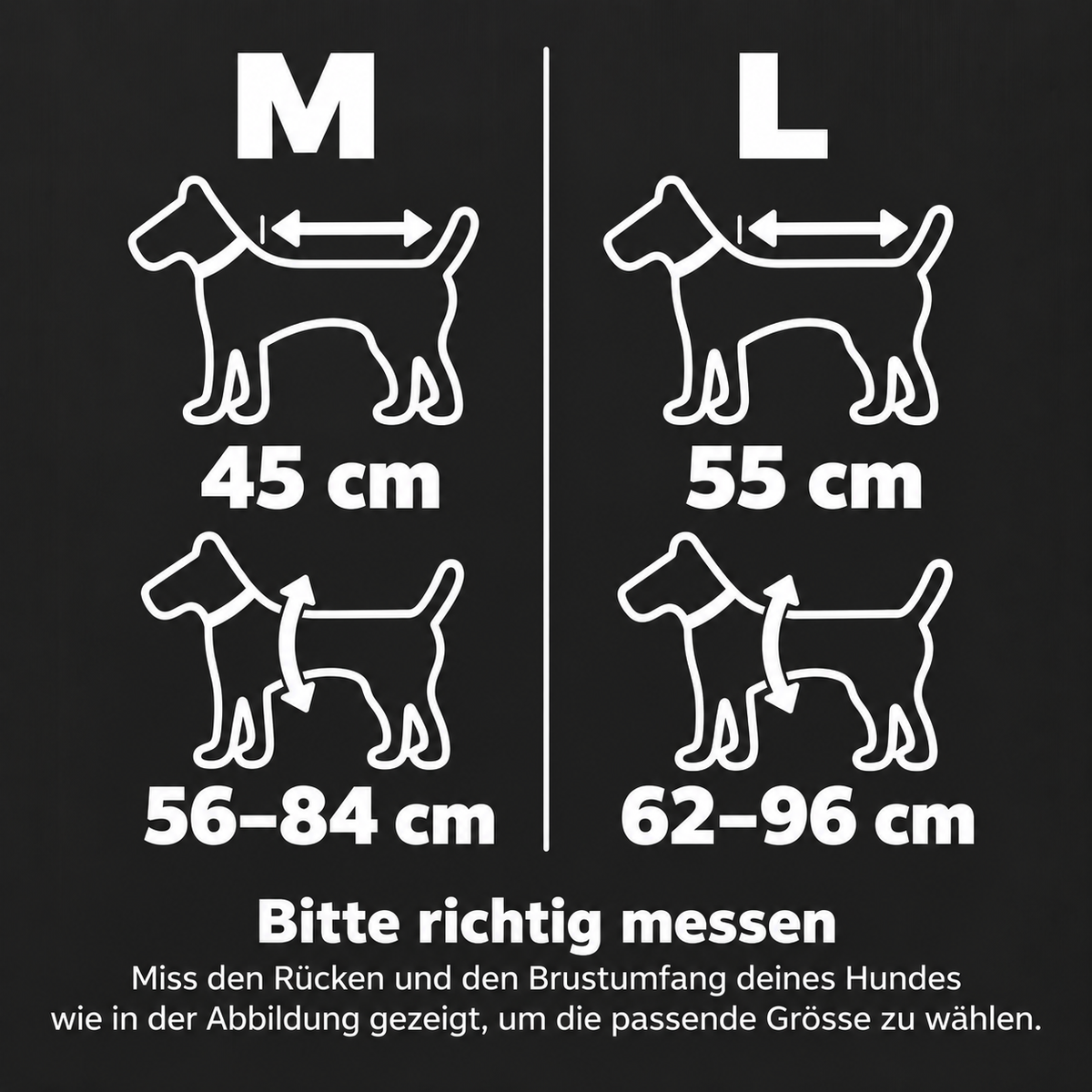 Grössentabelle der Trixie Sicherheitsweste mit Rückenlänge und Brustumfang für M und L