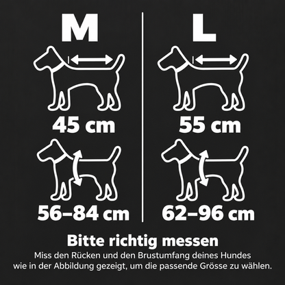 Grössentabelle der Trixie Sicherheitsweste mit Rückenlänge und Brustumfang für M und L