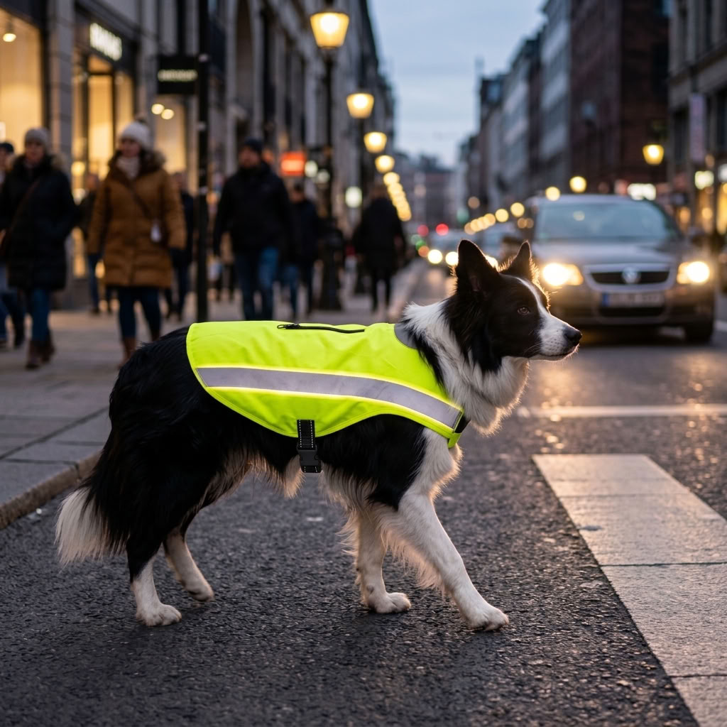 Border Collie mit neongelber reflektierender Trixie Sicherheitsweste beim Spaziergang