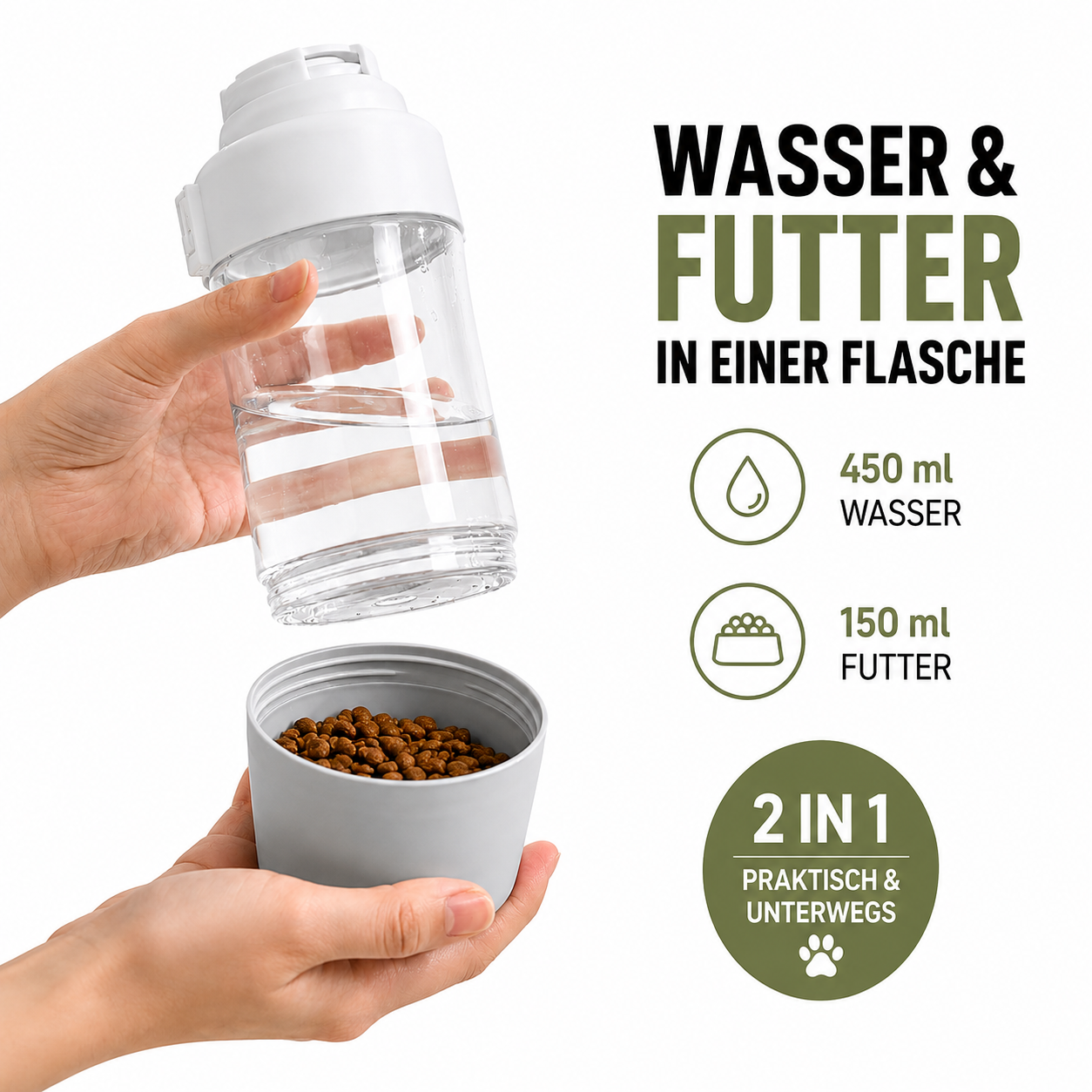 Hundetrinkflasche mit 450 Milliliter Wasserbehälter und 150 Milliliter Futterbehälter