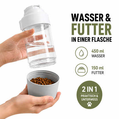 Hundetrinkflasche mit 450 Milliliter Wasserbehälter und 150 Milliliter Futterbehälter
