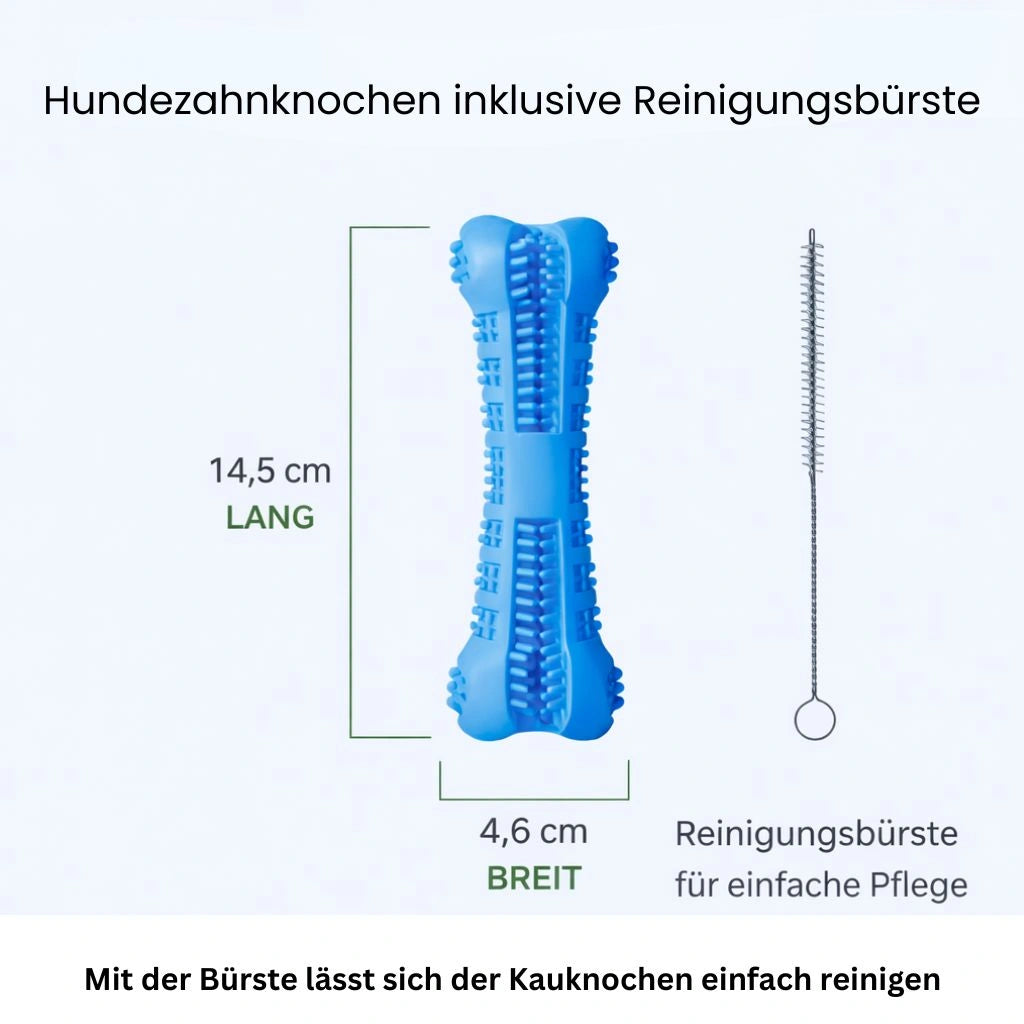 Zahnpflege Kauspielzeug für Hunde mit Massenangaben und kleiner Reinigungsbürste.