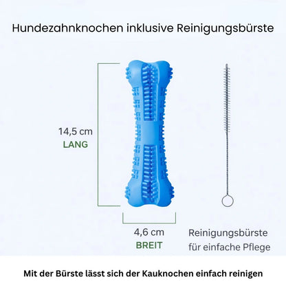 Zahnpflege Kauspielzeug für Hunde mit Massenangaben und kleiner Reinigungsbürste.