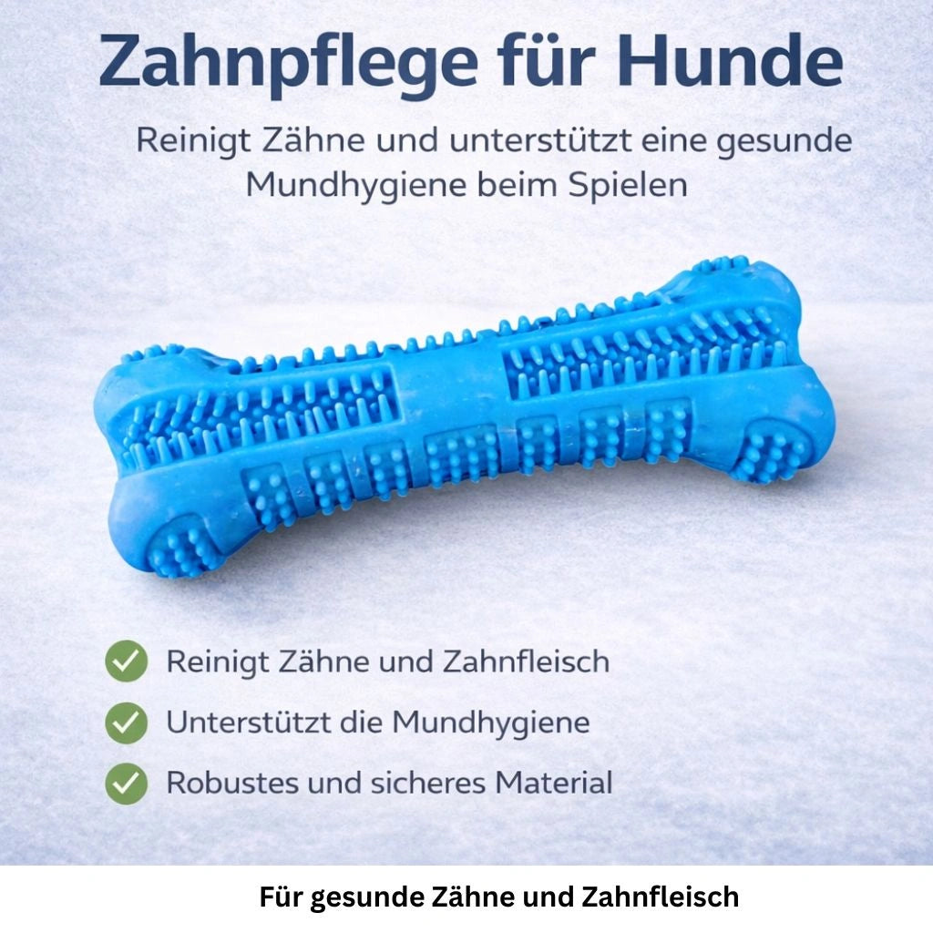 Grafik mit Vorteilen des Zahnpflege Kauspielzeugs für Hunde und weichen Borsten.