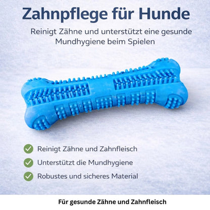 Grafik mit Vorteilen des Zahnpflege Kauspielzeugs für Hunde und weichen Borsten.